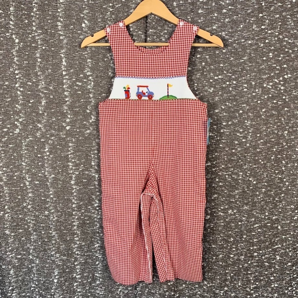 NWT Anavini Hand Smocked‎ Red Gingham Plaid Overalls Golf Kid's 4T